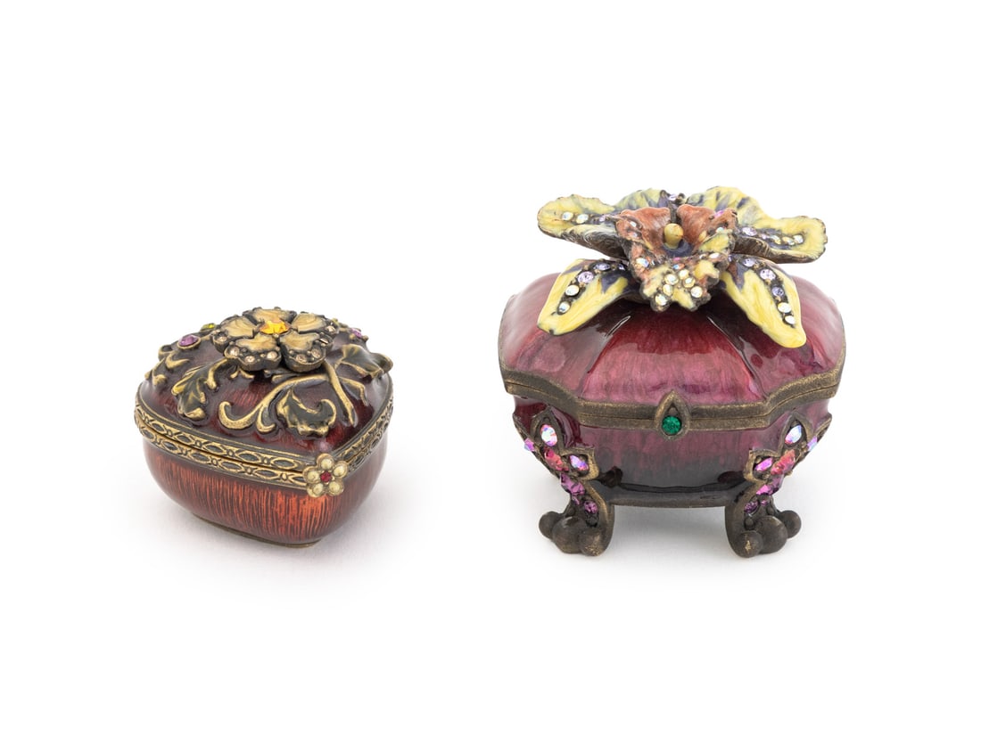Jay Strongwater Gem-Set Enamel Trinket Boxes, 2: Two Jay Strongwater Gem-Set Enameled Trinket Boxes, one heart form and one atop four scrolled feet, both marked. Larger: 1.75" H x 1.75" W x 1.75" D. Provenance: From a New York City Collection. Keywo