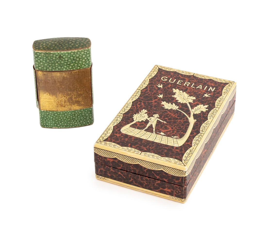 French Art Deco Perfume Boxes, ca. 1920, 2: Collection of Two French Art Deco Perfume Boxes, circa 1920 and comprising: a Guerlain Mitsouko perfume presentation box with "parquet" design, and a Caron Nuit de Noel perfume bottle with original gr