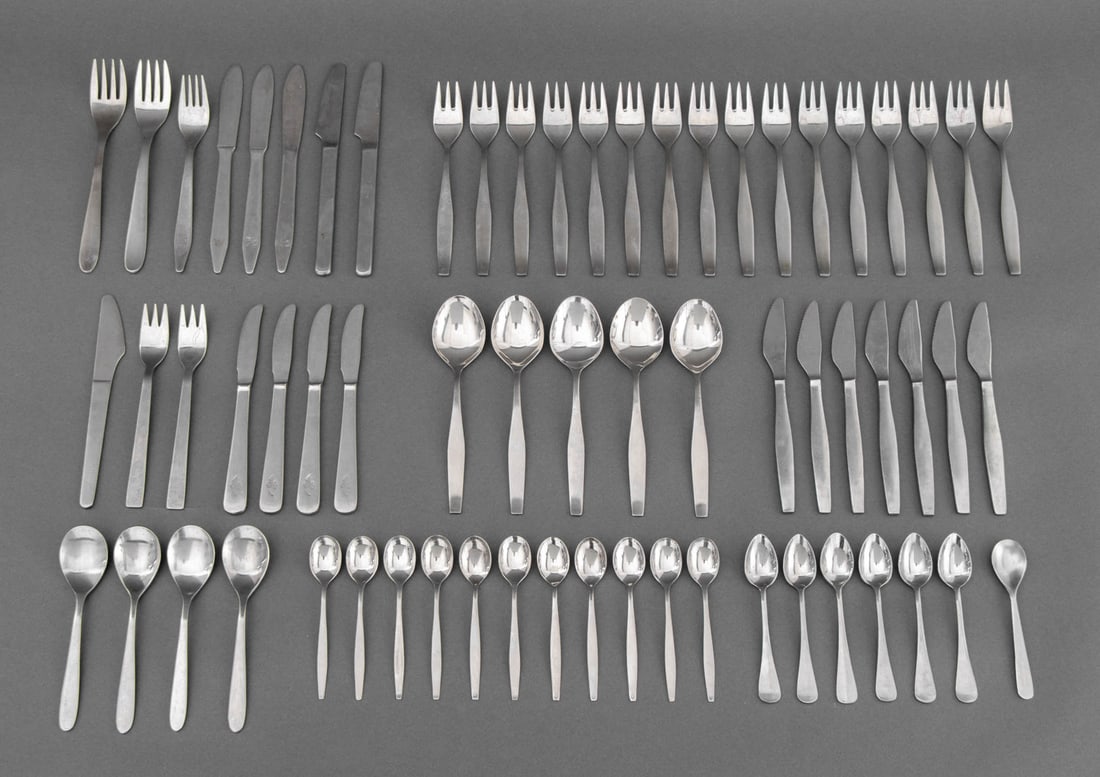 Collection of 1st Class Airlines Utensils, 64 Pcs.: Collection of First Class and Business Class Airlines Utensils, comprising: (16) KLM forks, (11) KLM knives, (17) KLM teaspoons, (5) KLM soup spoons, (4) Swiss Air spoons, and (2) Swiss Air forks, (2)