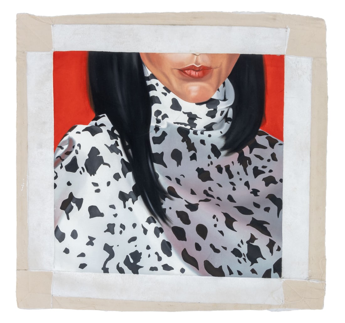 Jason Bryant Portrait of a Woman Oil on Canvas: Jason Bryant (American, XX-XXI), Portrait of a Woman in Animal Print, Oil on Unstretched Canvas, signed verso, unframed. Image: 24" H x 25.25" W; whole: 31" H x 34.25" W. Provenance: From a New Jersey