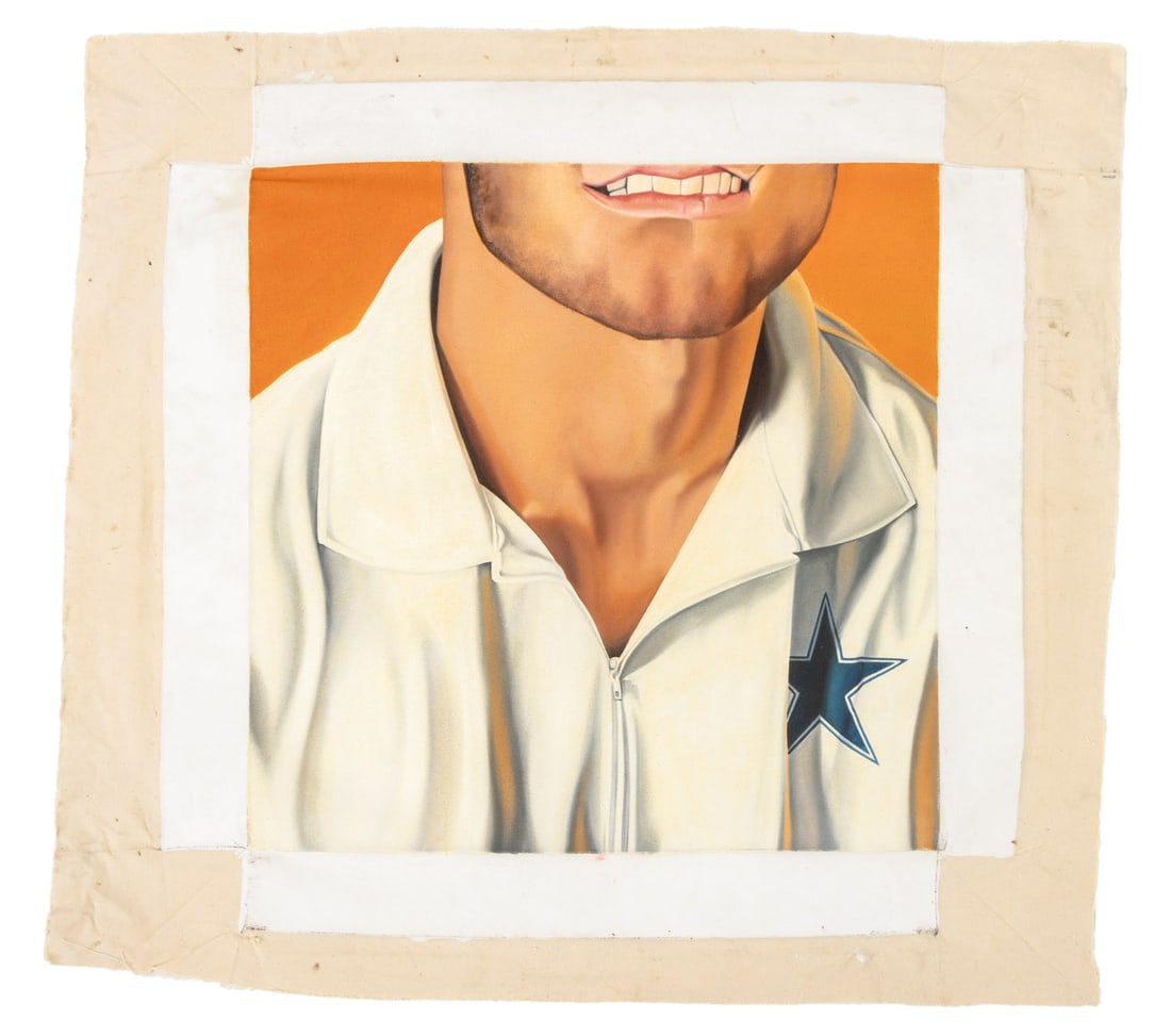 Jason Bryant Portrait of a Man Oil on Canvas: Jason Bryant (American, XX-XXI), Portrait of a Man in a Dallas Cowboys Jacket, Oil on Unstretched Canvas, 2007, signed and dated verso. Image: 23.5" H x 24.25" W; whole: 32.5" H x 36.25" W. Provenance