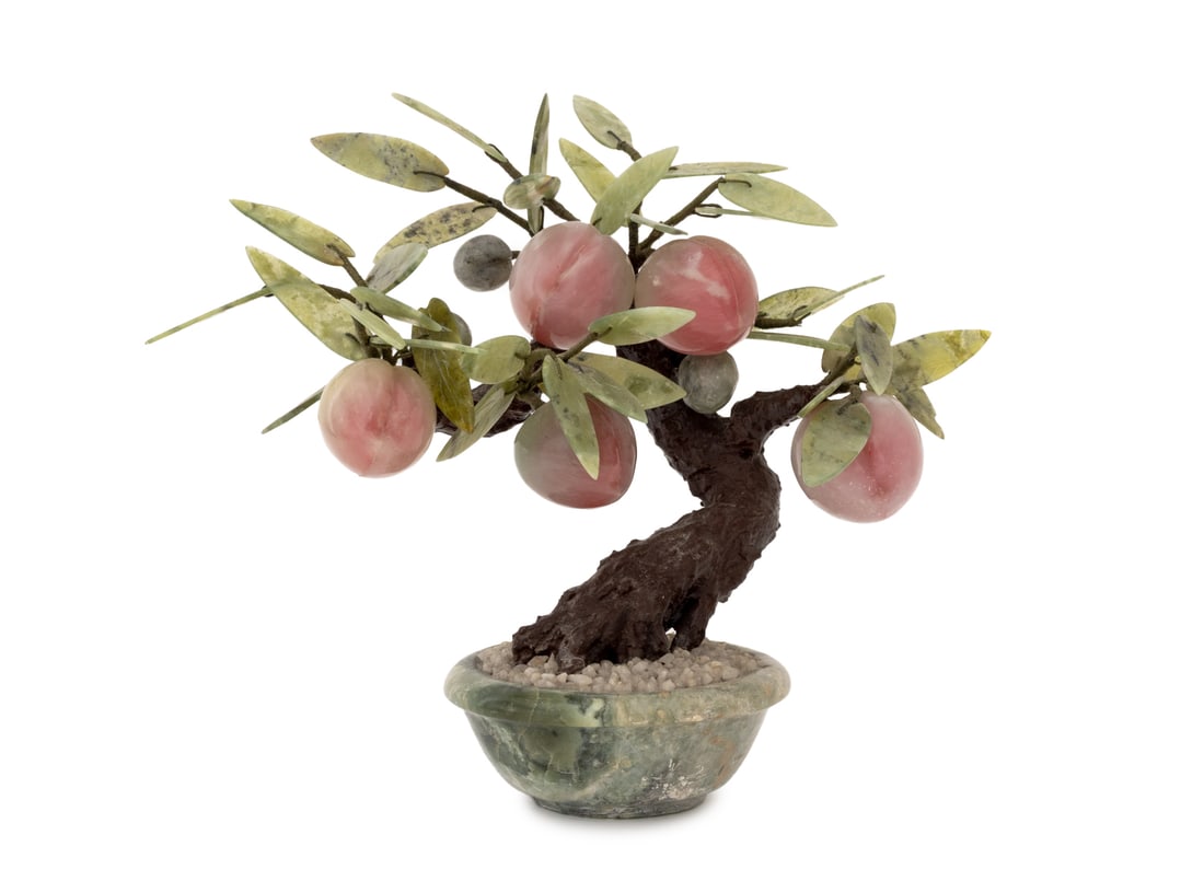 Chinese Carved Jade Peach Tree Sculpture: Chinese Carved Jade Peach Tree Sculpture. 10.5" H x 12" W x 5" D. Provenance: From a New York City Estate. Keywords: Asian Art, China, Longevity, Statue, Bonsai tree, Foliage, Carved stone, Decorative