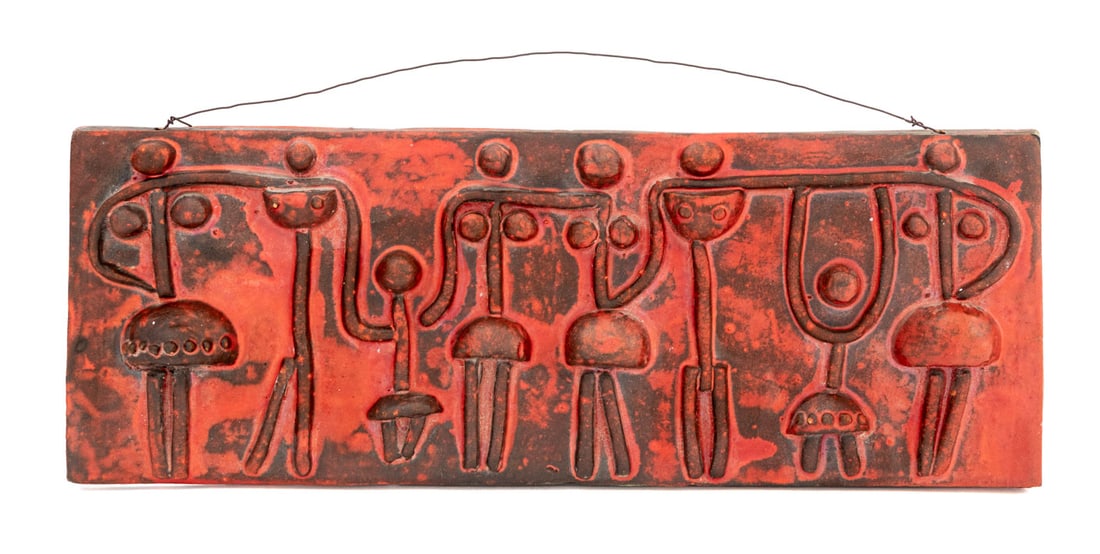 Monika Laborcz Figural Red Glazed Ceramic Relief: Monika Laborcz (Hungarian, b. 1941) Figural Group Red Glazed Ceramic Relief Plaque, signed "MONIKA" to reverse. 5.25" H x 14.25" W x 1.25" D. Provenance: From a New York City Collection. Keywords: Art
