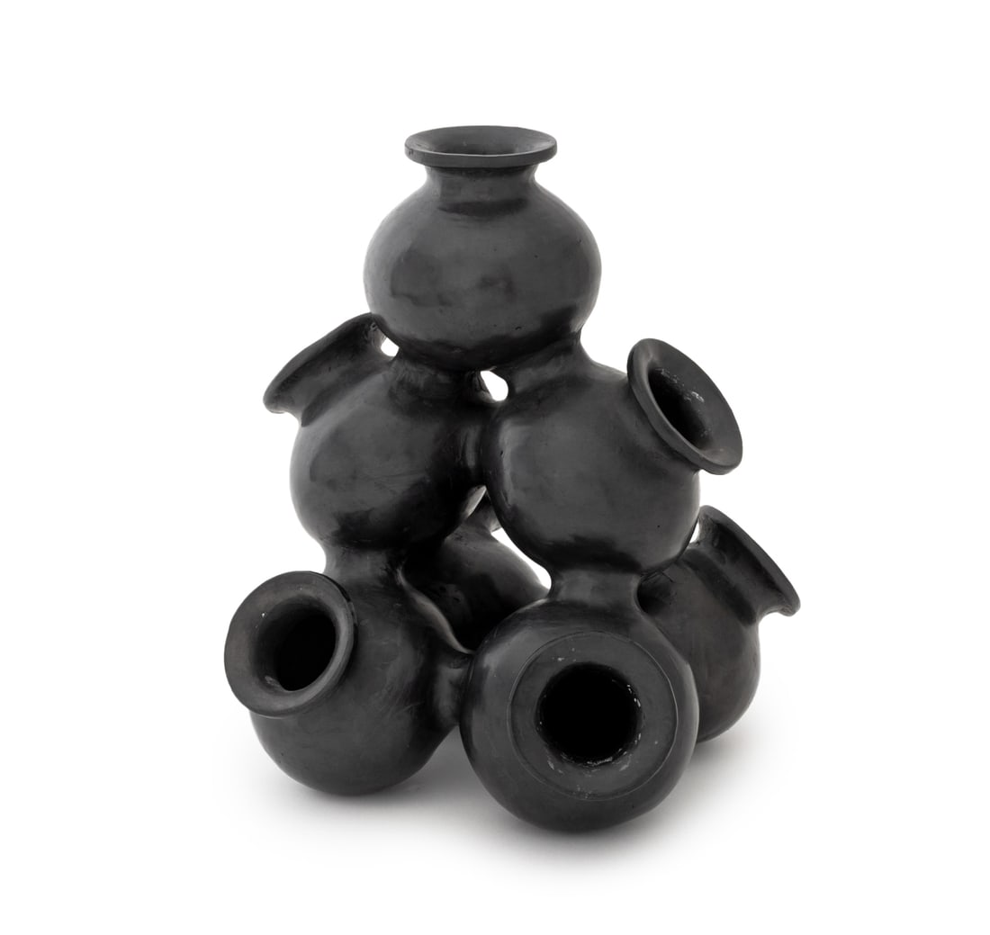 Mexican Blackware Pottery Vase Grouping: Mexican Blackware Pottery Vase Grouping. 10.75" H x 8.5" W x 8" D. Provenance: From an Upper West Side, New York City Estate. Keywords: Mesoamerican Art, Art Pottery, Vessels, Sculpture, Pyramid of Va