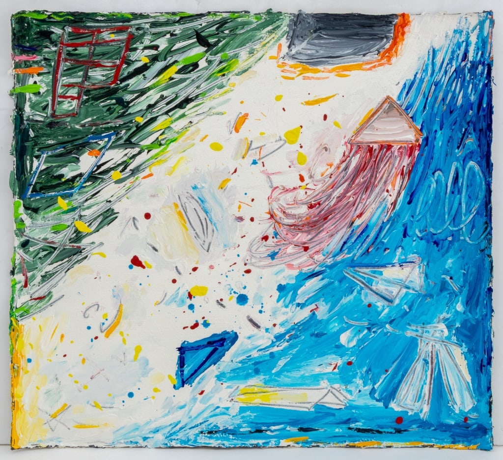 Elfi Schuselka Abstract Composition Oil on Canvas: Elfi Schuselka (Austrian, b. 1940), Abstract Composition, Oil on Unstretched Canvas, apparently unsigned, stamped "Studio Elfi Schuselka" verso, unstretched, unframed. 21.5" H x 23.5" W. Provenance: F