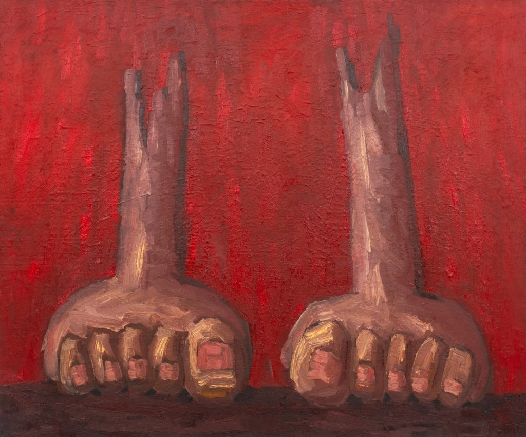 Domenick Capobianco Surrealist Oil on Canvas: Domenick Capobianco (American, b. 1928), Abstract Surrealist Composition, Oil on Canvas, depicting two feet on a red ground, apparently unsigned, "Studio Domenick Capobianco" stamp to side, unframed.