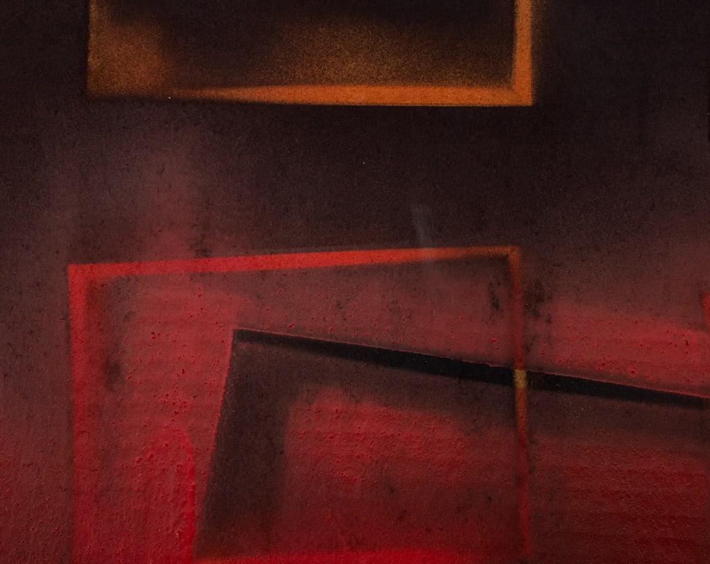 Domenick Capobianco Abstract Geometric Mixed Media: Domenick Capobianco (American, b. 1928), Abstract Geometric Composition, Mixed Media on Cardboard, acrylic and spray paint, apparently unsigned, "Studio Domenick Capobianco" stamp verso, painted wood