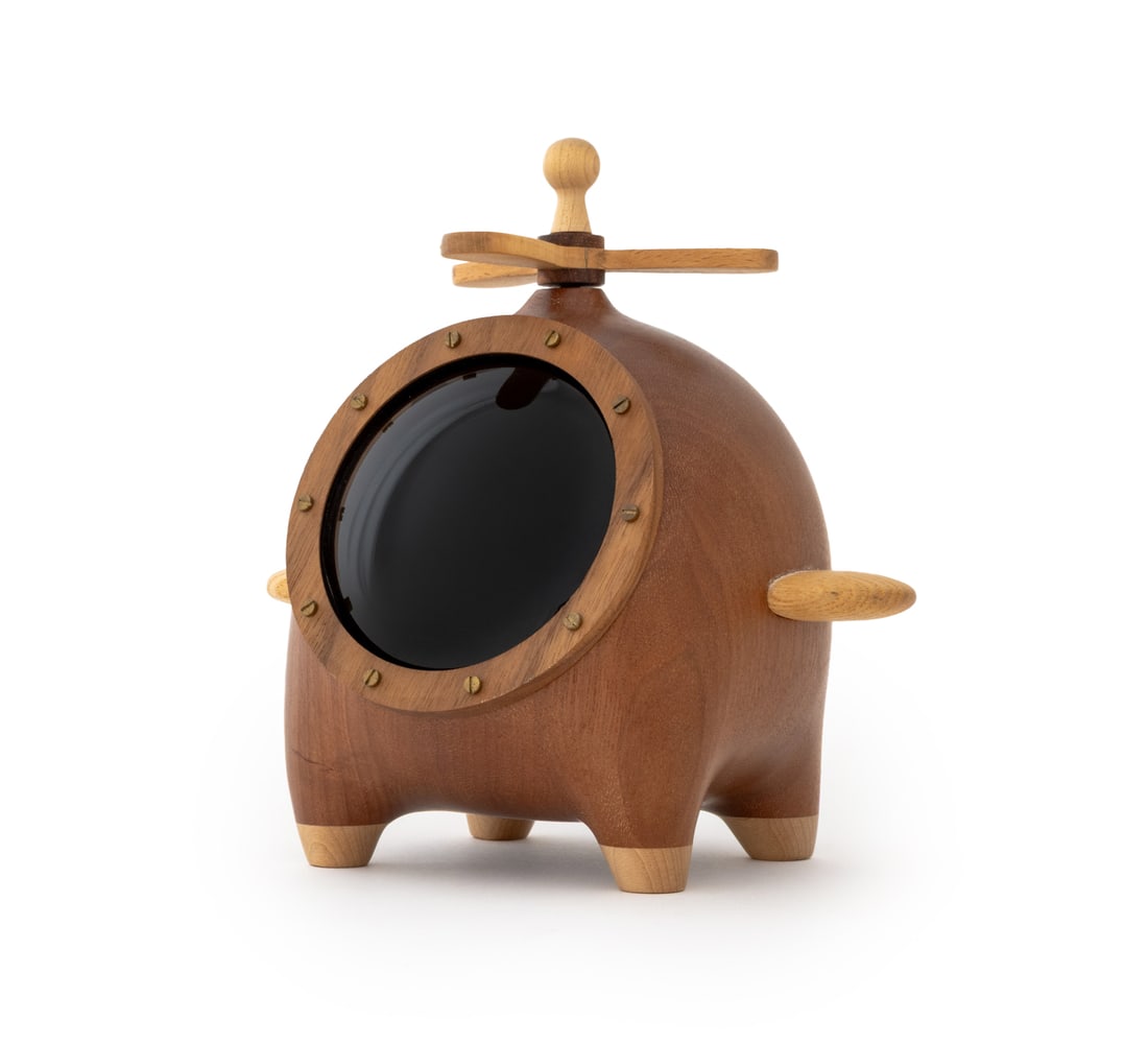 Helicopter Form Wood Box: Helicopter Form Wood Box, Japanese character marks to underside. 7.5" H x 7" W x 5.25" D. Provenance: From an East Village Estate. Keywords: Woodwork, Aviation, Airplane, Spaceship, Novelty, Gifts, Tr