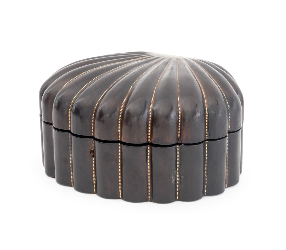 Italian Shell-Form Leather Covered Jewelry Box: Italian Shell-Form Leather Covered Jewelry Box, with gilt embellishments, inner tray and compartments lined in suede, marked "Genuine Leather / Florence Italy" underside. 4.5" H x 9" W x 6.5" D. Prove