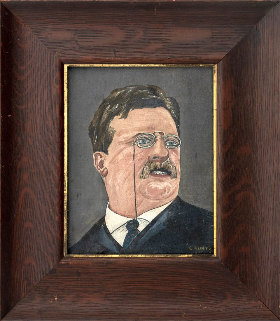 American School Portrait of Theodore Roosevelt Oil: American School, Portrait of Theodore Roosevelt, Oil on Canvas, signed "C Kurtz" lower right, wood frame. Image: 8.5" H x 6.5" W; frame: 14.75" H x 13" W x 1.5" D. Provenance: From a New Jersey Collec