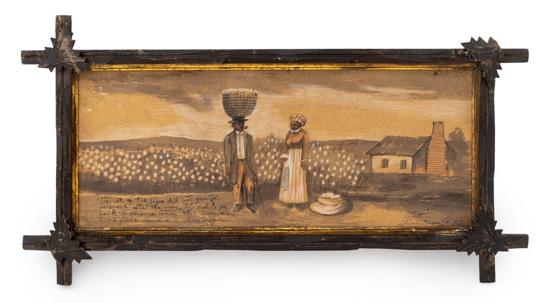 James Rosen, Jr. Sharecroppers Mixed Media, 1865: James Rosen, Jr. (American, XIX), Sharecroppers, Ink and Watercolour on Cardboard, 1865, signed and dated lower right, inscribed lower left, carved wood frame. Image: 8.5" H x 20.5" W; frame: 14" H x