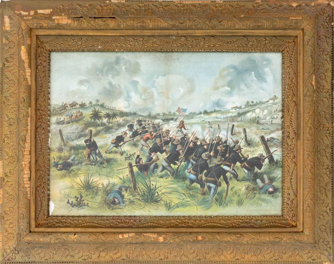 American School "Storming of San Juan Hill", 1898: American School, "Storming of San Juan Hill", Lithograph, 1898, titled, dated, and marked "Copyright By F.D. Maher", giltwood frame. Image: 19.5" H x 27.5" W; frame: 31" H x 39" W x 2" D. Provenance: