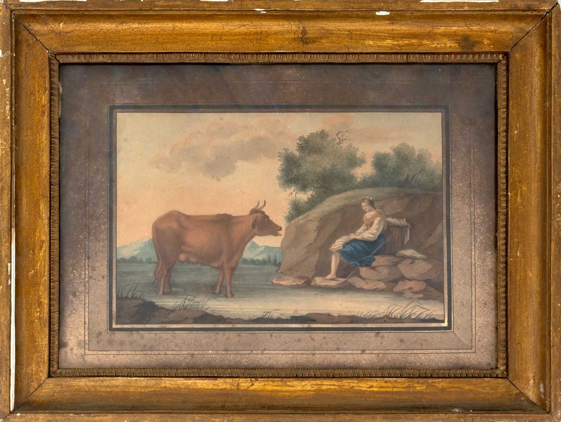 Continental Laundress and Bull Gouache, 18th C.: Continental School, Laundress and Bull Amongst a Landscape Scene, Gouache on Paper, 18th century, unsigned, giltwood frame. Image: 5.75" H x 9.25" W; frame: 12" H x 15.5" W x 1.25" D. Provenance: From