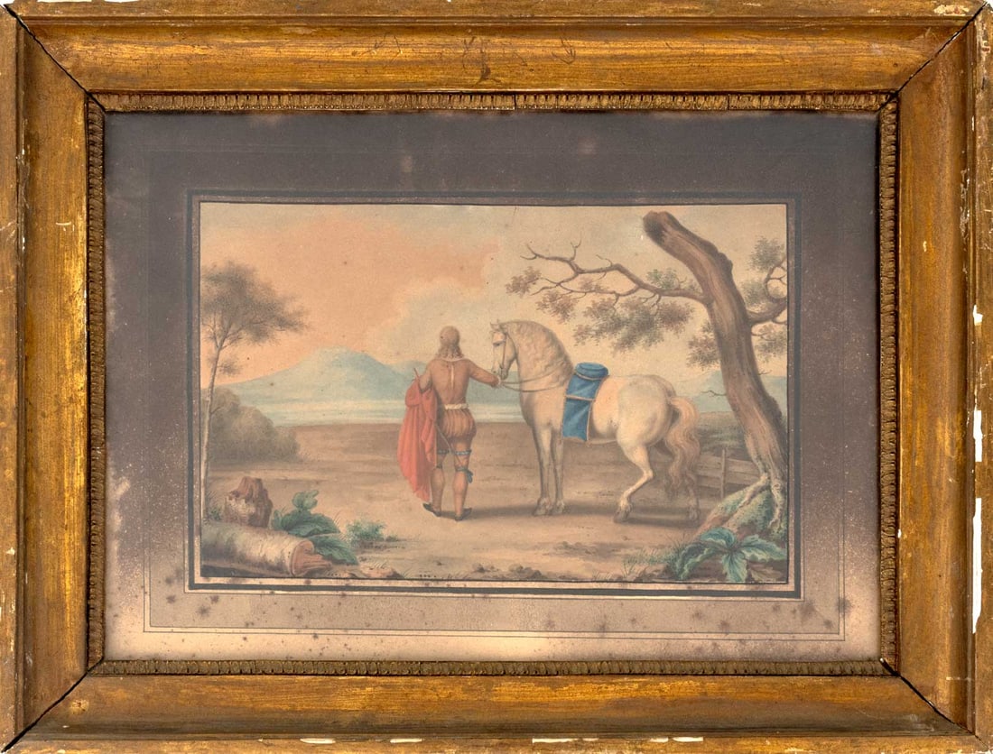 Continental School Horse & Rider Gouache, 18th C. (1 of 6)