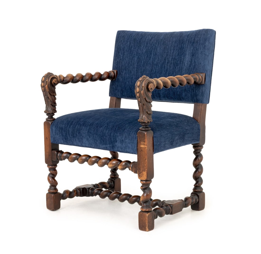 Jacobean Style Barley Twist Walnut Armchair: Jacobean Style Barley Twist Walnut Arm Chair, with blue velvet upholstery. 35" H x 26.5" W x 20" D; seat: 19" H. Provenance: From a New York City Estate. Keywords: Antique Furniture, Seating, Carving,