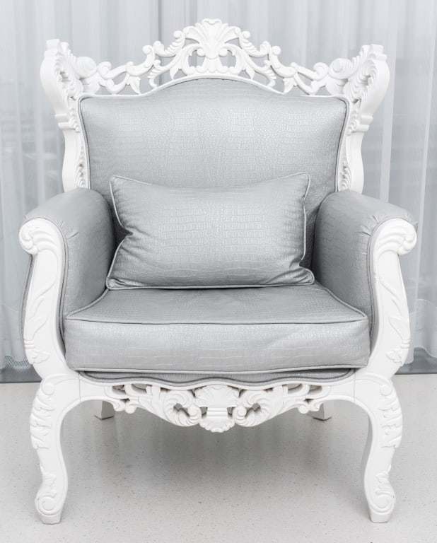 Baroque Revival White Lacquered Armchair: Baroque Revival White Lacquered Arm Chair, with silver-gray crocodile-embossed fabric upholstered seat and back. 42.5" H x 33" W x 26" D; seat: 19.5" H. Provenance: Property from an 11th Avenue Duplex