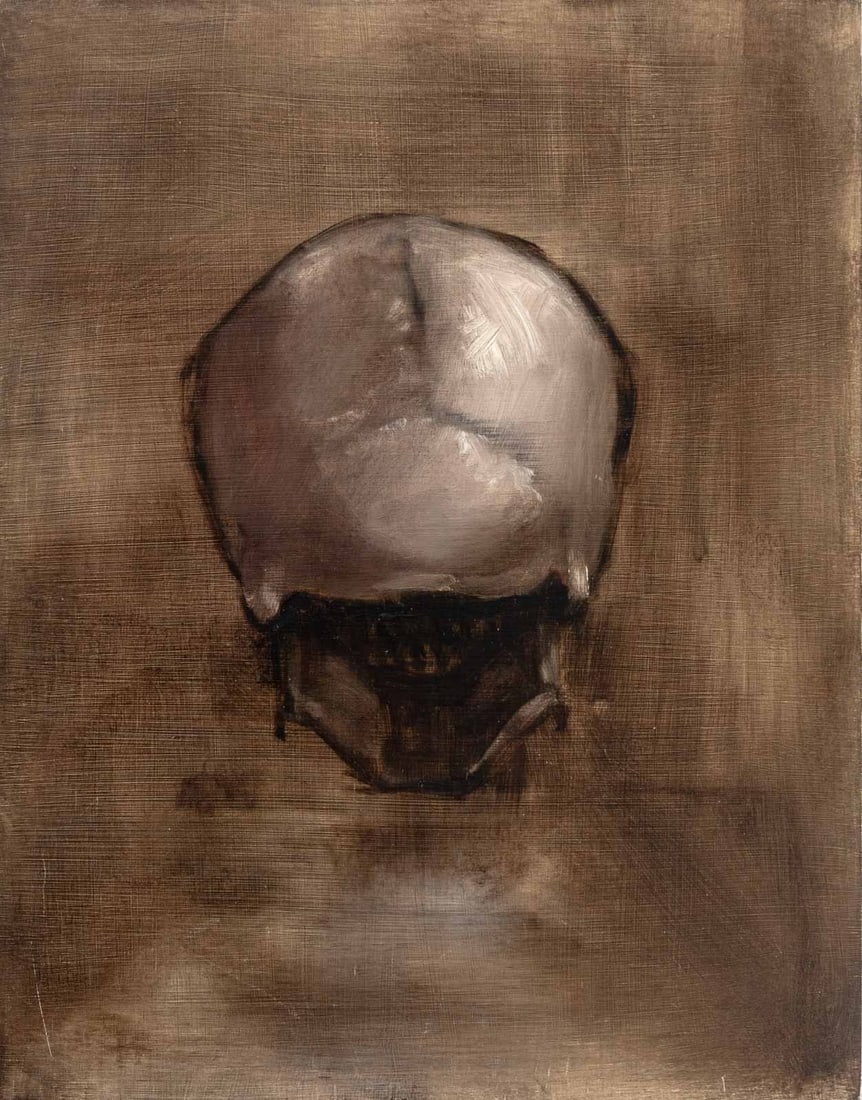 Laura Karetzky "My Thick Skull" Oil on Panel, 2002: Laura Karetzky (American, XX-XXI), "My Thick Skull", Oil on Wood Panel, 2002, signed, titled, dated, and with auction label verso, unframed. 12" H x 9.25" W x 0.75" D. Provenance: From a Park Slope Es