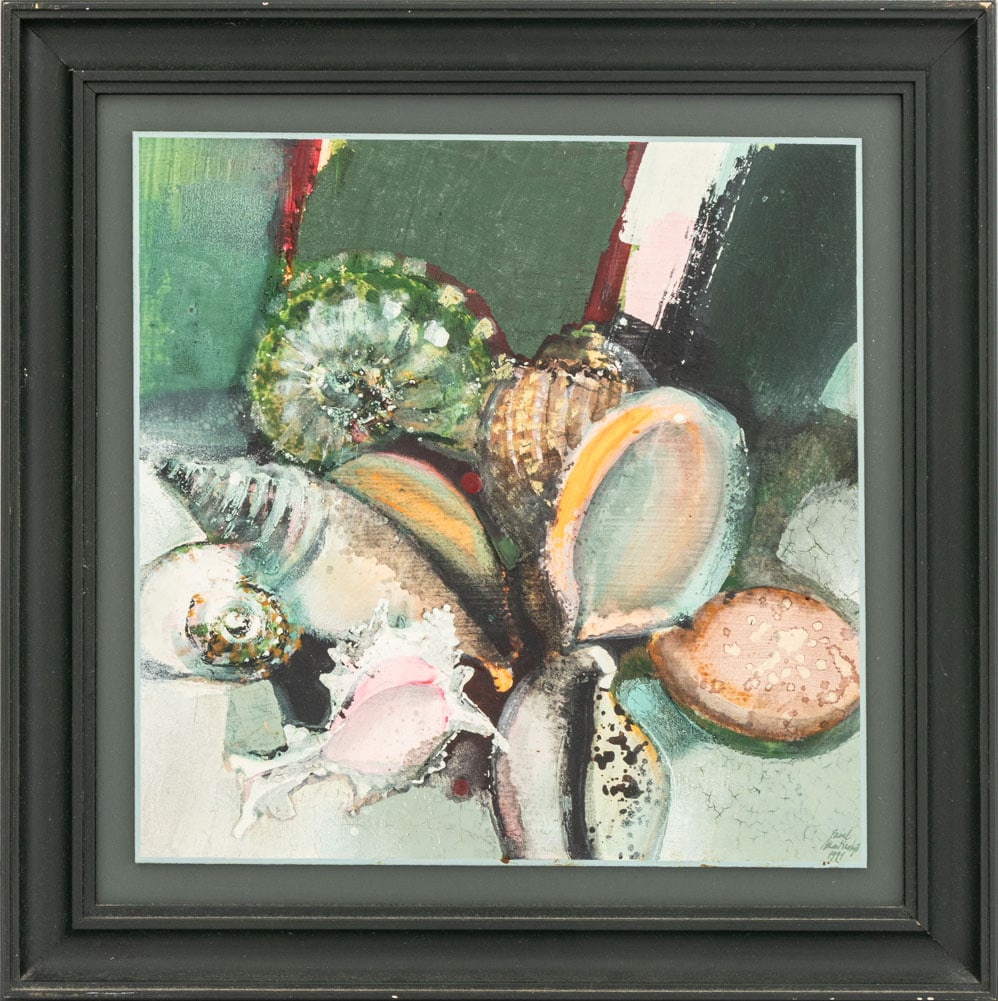 Pavel Mutinsky "Lastury" Mixed Media, 1991: Pavel Mutinsky (Czech, b. 1957), "Lastury" [Shells], Mixed Media on Board, 1991, signed and dated lower right, Dilo label to the reverse, ebonized wood frame. Image: 12" H x 12" W; frame: 16" H x 16"