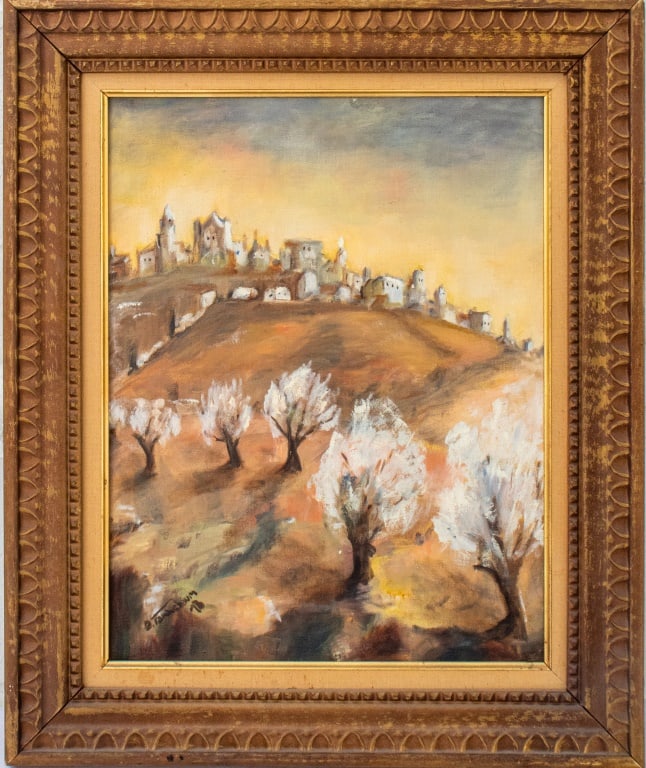 Dora Tannebaum "Olive Grove Jerusalem" Oil, 1973: Dora Tannebaum (American, XX), "Olive Grove Jerusalem", Oil on Canvas Board, 1973, signed and dated lower left, paper label verso, giltwood frame. Image: 17.5" H x 13.5" W; 23.5" H x 19.5" W. Provenan