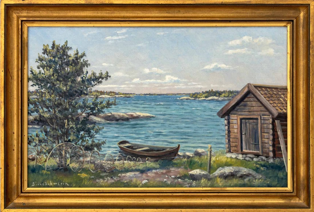 Bo von Schwerin Cabin by the Lake Oil on Canvas: Bo von Schwerin (Swedish, 1881-1940), Fisherman's Log Cabin by the Lake, Oil on Canvas, signed "B. von Schwerin" lower left, giltwood frame. Image: 12.5" H x 19.5" W; frame: 16" H x 23.25" W x 1.75" D