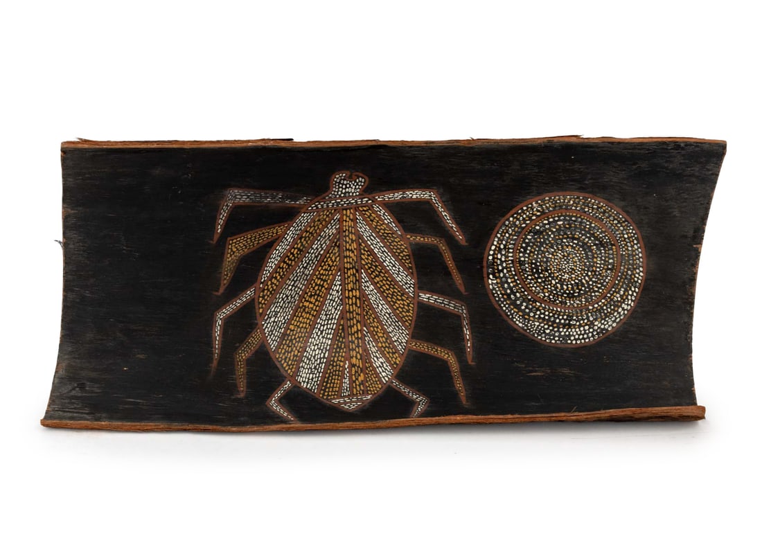 Australian Aboriginal Bark Painting of an Insect: Australian Aboriginal Bark Painting of an Insect, on curved eucalyptus bark, depicting ten-legged insect and circle on dark ground. 25" H x 10.75" W x 3" D. Provenance: Property from a 276 Riverside D