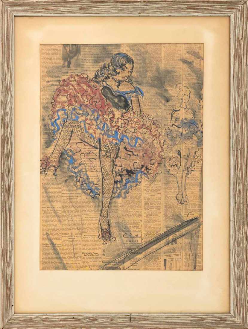 Can-Can Girls Gouache on Newspaper, ca. 1955: 20th Century School, Can-Can Girls, Gouache on Newspaper, circa 1955, unsigned, wood frame. Image: 20" H x 14.25" W; frame: 28.75" H x 21.5" W x 1.25" D. Provenance: From a New York City Collection. K