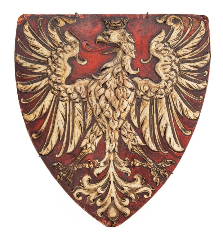 City of Frankfurt Gilt Tooled Leather Coat of Arms: City of Frankfurt Gilt Tooled Leather Coat of Arms, 19th century, depicting crowned single headed eagle on red ground. 12" H x 10.5" W x 1.25" D. Provenance: From an Upper West Side Estate located at