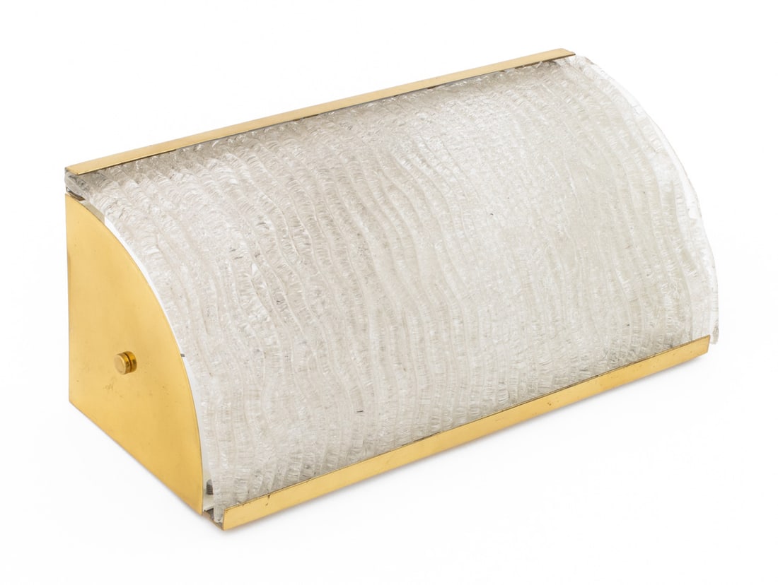 Murano Mid-Century Modern Brass Wall Sconce: Murano Mid-Century Modern Brass Wall Sconce, with half-domed frosted glass shade. 6.5" H x 16" W x 6.5" D. Provenance: From a Central Park South Collection. Keywords: Lighting, Wall light, Wall-mounte