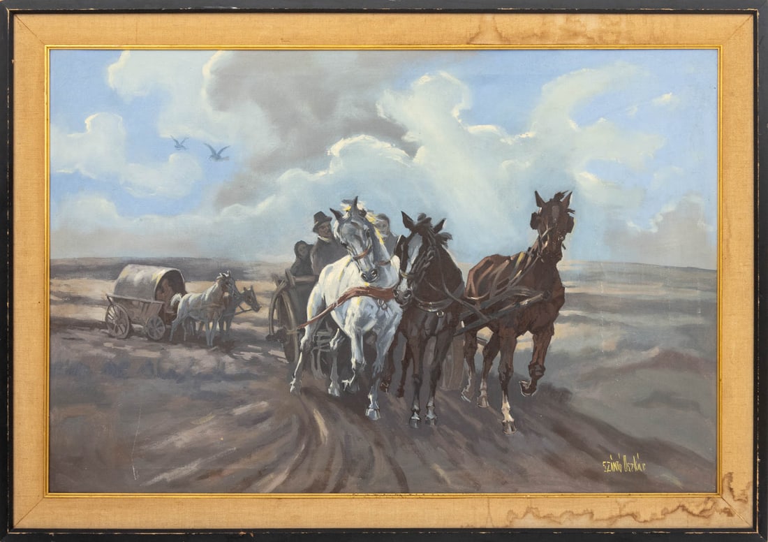 Szanto Oszkar Equestrian Landscape Oil: Szanto Oszkar (Hungarian, b. 1925), Equestrian Landscape Scene, Oil on Canvas, signed lower right, ebonized wood frame. Image: 23.75" H x 35.5" W; frame: 29" H x 41.5" W x 1.5" D. Keywords: Painting,