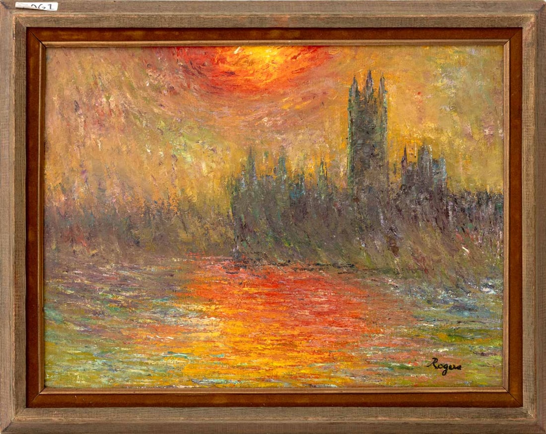 After Monet "Houses of Parliament" Oil on Canvas: After Claude Monet, "Houses of Parliament, Sun Breaking Through Fog", Oil on Canvas, illegibly signed "Rogers (?)" lower right, wood frame. Image: 17.5" H x 23.5" W; frame: 22.5" H x 28.5" W x 2" D. P