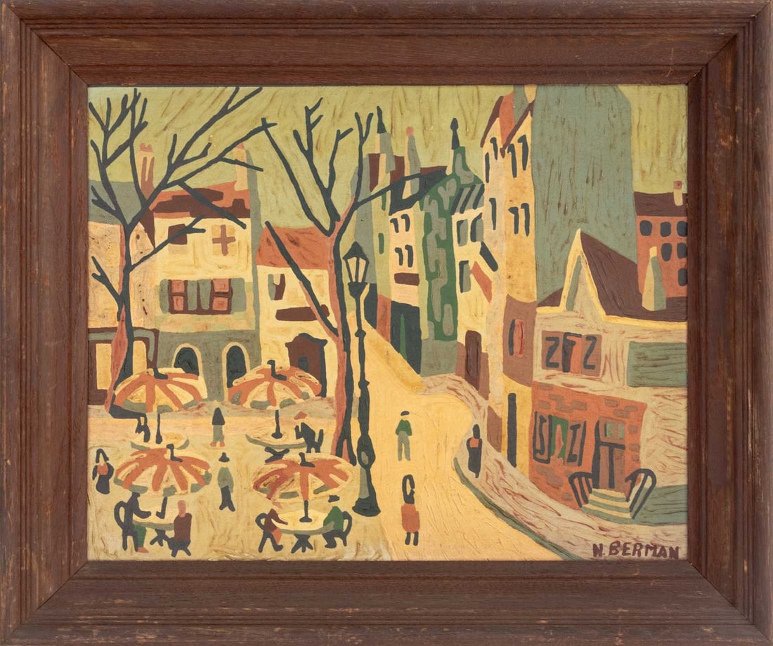 Montmarte Cityscape Scene Oil on Canvas Board: 20th Century School, Montmartre Cityscape Scene, Oil on Canvas Board, signed "N. Berman" lower right, wood frame. Image: 15.5" H x 19.5" W; frame: 21" H x 25" W x 3.25" D. Provenance: From a New Jerse