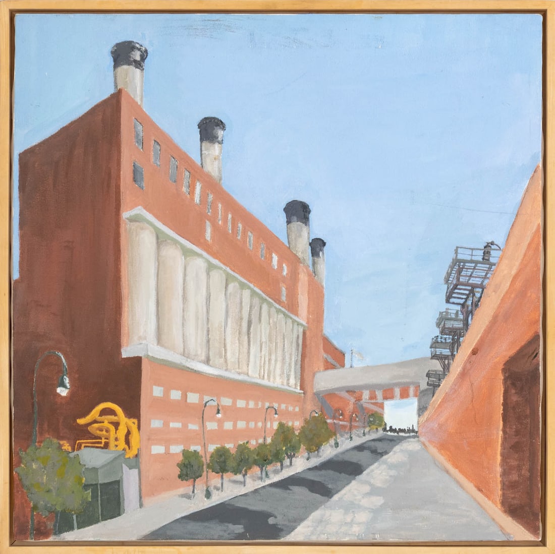 Elizabeth Rose "East Side Power House" Oil, 1994: Elizabeth Rose Kylen Cohen (American, XX-XXI), "East Side Power House", Oil on Canvas, 1994, titled, signed, and dated verso, wood frame. Image: 24" H x 24" W; frame: 25.5" H x 25.5" W x 2" D. Provena