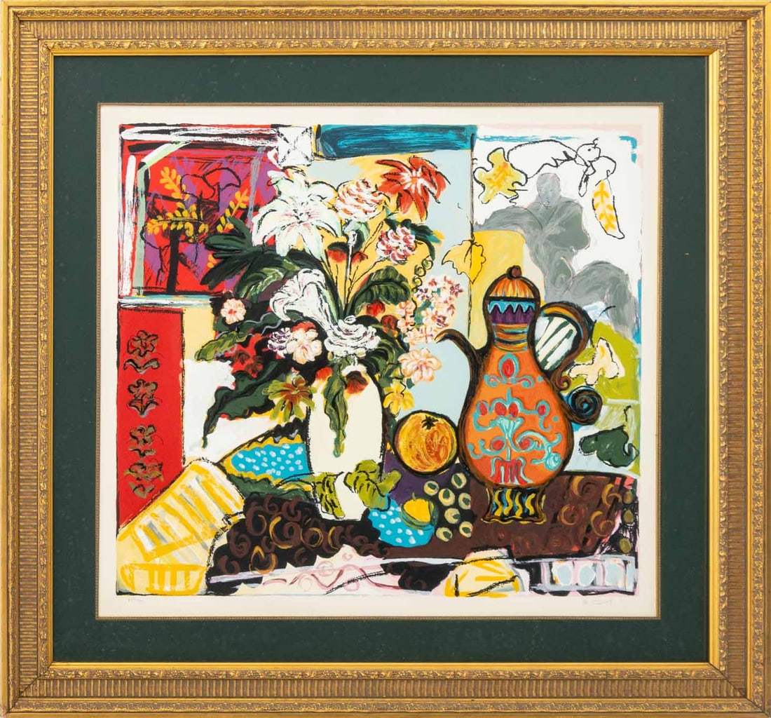 Bracha Guy Tea and Flowers Serigraph: Bracha Guy (Israeli, b. 1948), Tea and Flowers, Serigraph in Colors, signed in pencil lower right, numbered edition "259/295" lower left, giltwood frame. Image 29.5" H x 32.75" W; frame: 41.75" H x 44