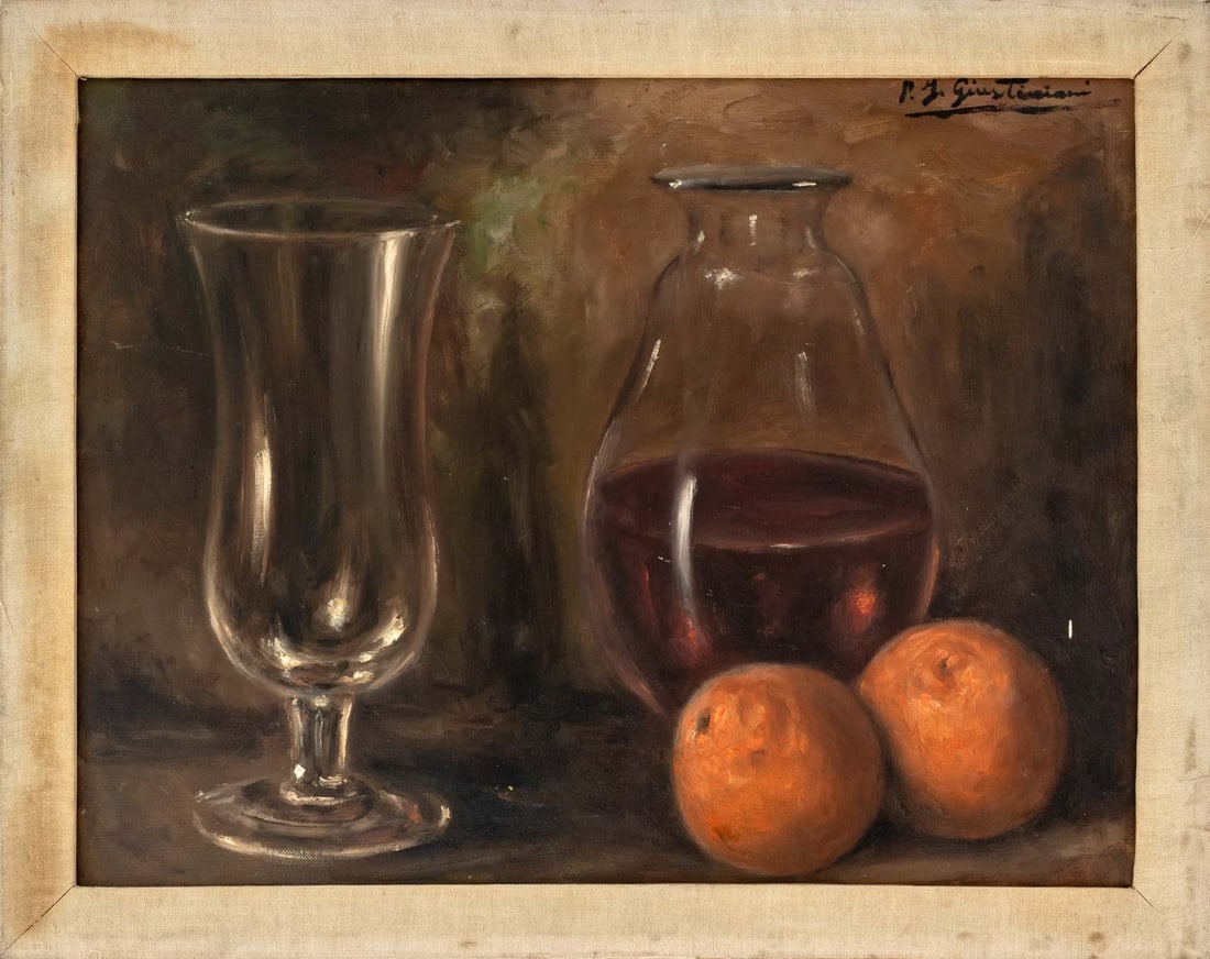P. J. Giustiniani "Still Life" Oil on Panel: P. J. Giustiniani (XX), "Still Life", Oil on Panel, signed upper right, wood liner frame. Image: 13.5" H x 17.5" W; frame: 16" H x 20.5" W. Provenance: From a New Jersey Collection. Keywords: Oil pain