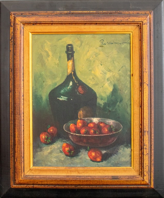 Roel Wildeboer Still Life Oil on Canvas: Roel Wildeboer (Dutch, 1902-1989), Still Life with Wine Bottle, Oil on Canvas, signed "R. Wildeboer" upper right, giltwood frame. Image: 15" H x 11" W; frame: 24" H x 19" W. Provenance: From a New Yor