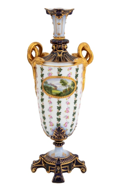 German Porcelain Two Handle Vase, 19th C.: German Porcelain Two Handle Vase, late 19th century, with snake entwined handles, oval painted landscape scene, signed illegibly "A. Schu... (?)", with bands of roses and grapevine motif, richly gilde