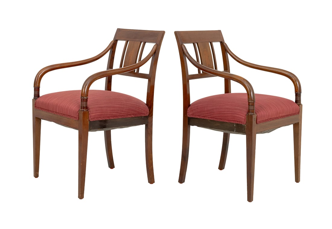 Regency Style Marquetry Walnut Armchairs, Pair: Pair of Regency Style Figural Marquetry Walnut Arm Chairs, each with scroll arms and red upholstered seat. 33.75" H x 22" W x 19" D; seat: 19" H. Provenance: From an East 63rd Street, New York City Co
