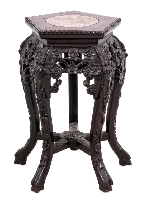 Chinese Hardwood & Marble Pedestal Table, 19th C. (1 of 4)