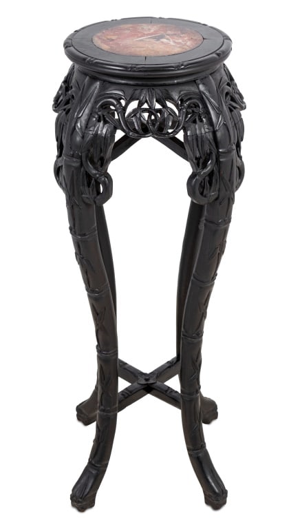 Chinese Hardwood & Marble Pedestal Table, 19th C.: Chinese Ebonized Hardwood and Marble Pedestal Table, late 19th century, the circular inset top above a carved frieze on tall cabriole legs joined by an X-form stretcher. 35.5" H x 13" W x 13" D. Keywo