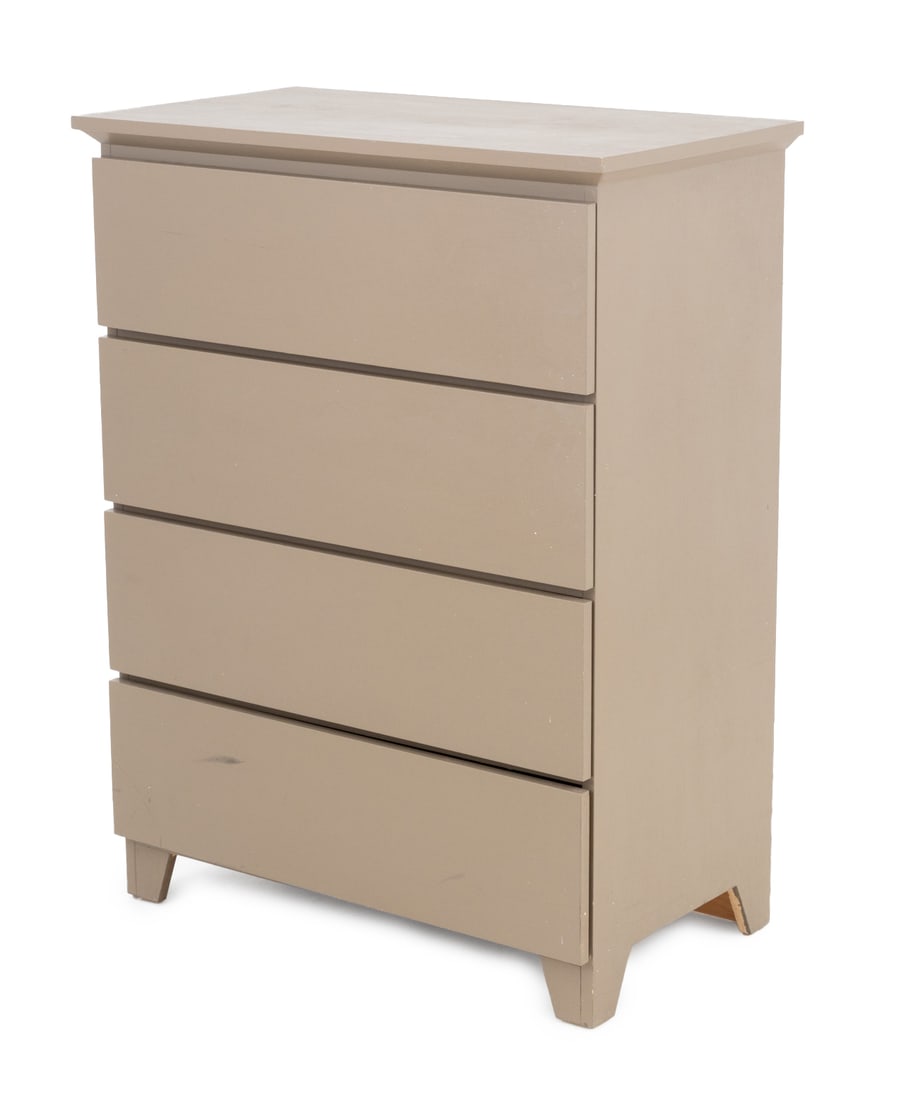 Modern Beige Painted Wood Chest of Drawers: Modern Beige Painted Wood Chest of Four Drawers, unmarked. 41.75" H x 32" W x 17.5" D. Provenance: From a Long Island Estate. Keywords: Contemporary Furniture, Dresser, Commode, Storage, Interior desi