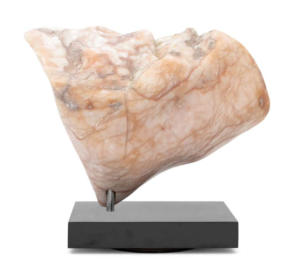 Signed Abstract Pink Alabaster Sculpture: Signed Abstract Pink Alabaster Sculpture, organic freeform shape, with artist's monogram "ES" to reverse, mounted on rotating black composite base. Overall: 13.5" H x 18.5" W x 8" D. Provenance: From