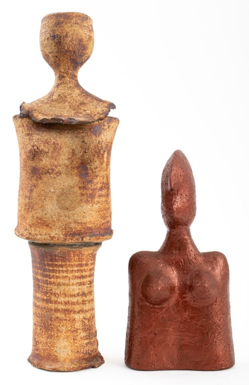 Louis Mendez Art Pottery Female Figures, 2: Louis Mendez (American, 1929-2012) Two Art Pottery Female Figural Sculptures, comprising: figure with metallic copper-tone glaze and a figure as a candlestick, one signed. Taller: 12" H x 3.5" W x 2.7