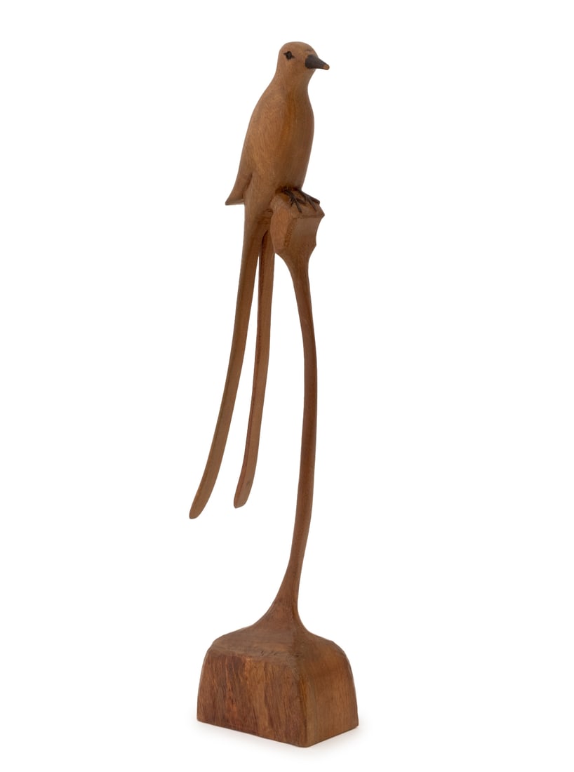 Folk Art Carved Wood Swallow Bird Sculpture, 1972: Folk Art Carved Wood Swallow Bird Sculpture, 1972, perched on tree stump, signed "Roberts" and dated to underside. 15.5" H x 4" W x 2.5" D. Provenance: From an East 74th Street Estate. Keywords: Statu