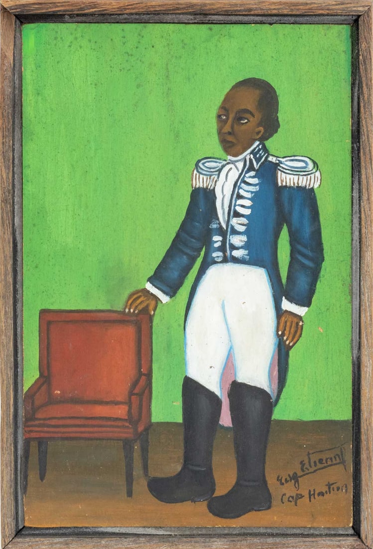 Portrait of Toussaint Louvreture Oil on Masonite: Haitian School, Portrait of Toussaint Louvreture, Oil on Masonite, illegibly signed "Eug Etienn P (?)" and marked "Cap Haitian" lower right, titled verso, wood frame. Image: 16" H x 12" W; frame: 17.5