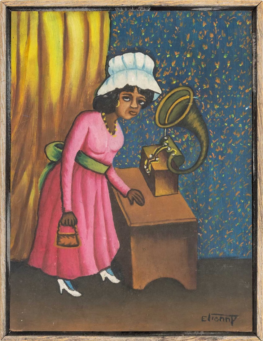 Illegibly Signed Woman in Pink Oil on Masonite: Haitian School, Woman in a Pink Dress, Oil on Masonite, illegibly signed "Etienny P (?)" lower right, wood frame. Image: 15.75" H x 12" W; frame: 17" H x 13.25" W x 1.25" D. Provenance: From a New Jer