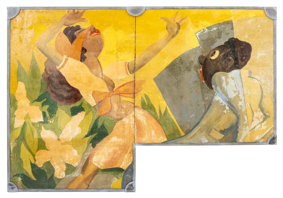 American School Dancing Figures Acrylic: American School, Dancing Figures, Acrylic on Masonite, unsigned, silver-tone metal frame. Image: 35.25" H x 51.5" W; frame: 36.25" H x 52.75" W x 1" D. Provenance: From a New Jersey Collection. Keywor