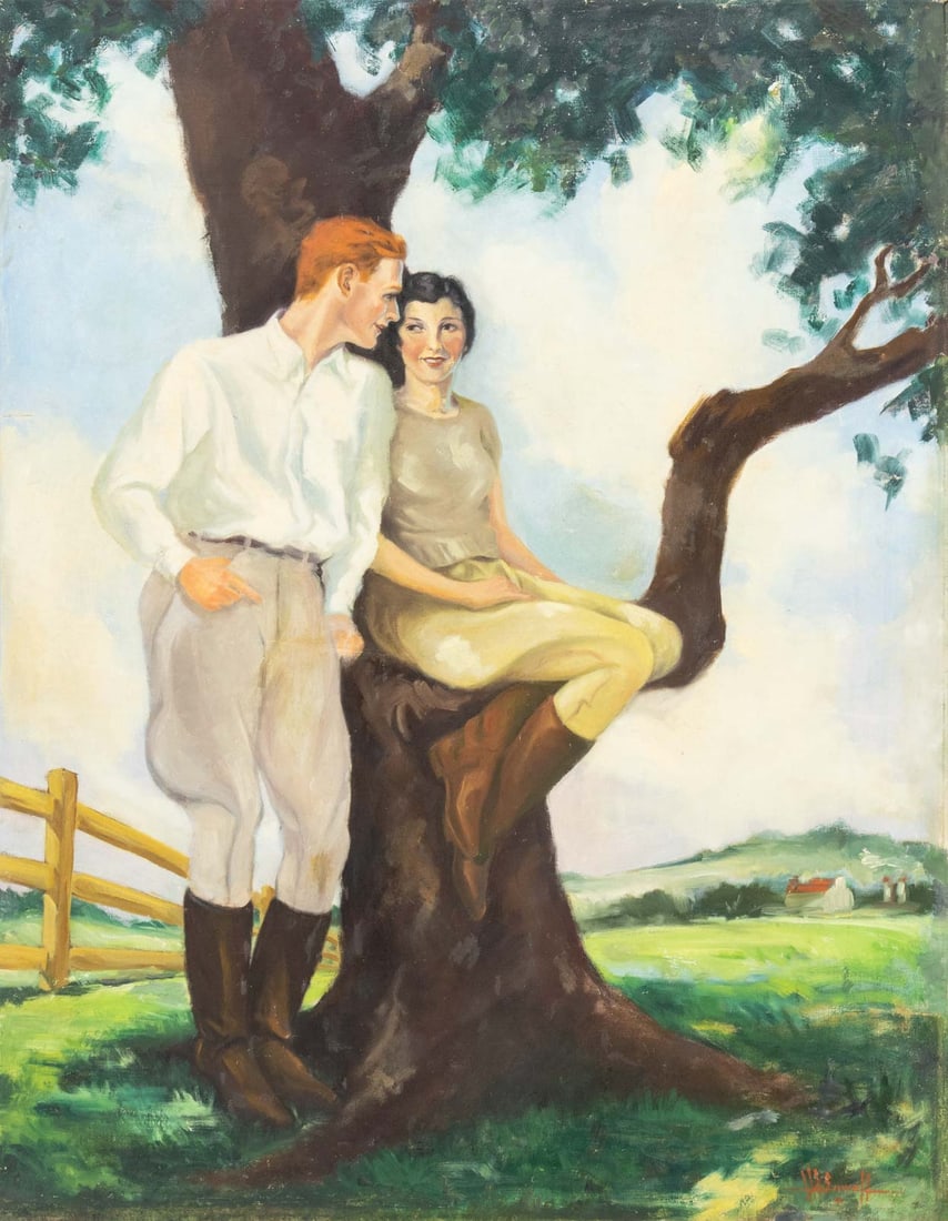 American School Couple in a Tree Oil, 1919: American School, Couple in a Tree, Oil on Canvas, 1919, illegibly signed and dated lower right, unframed. 34.5" H x 27" W x 0.75" D. Provenance: From a New Jersey Collection. Keywords: Painting, Oil p