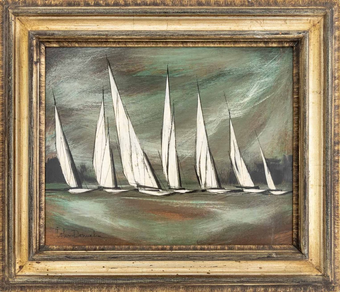Johnny Donnels Sailboats Oil on Masonite: Johnny Donnels (American, 1924-2009), Sailboats, Oil on Masonite, signed lower right, metallic painted wood frame. Image: 12" H x 15" W; frame: 18" H x 21.25" W x 2" D. Provenance: From a New Jersey C