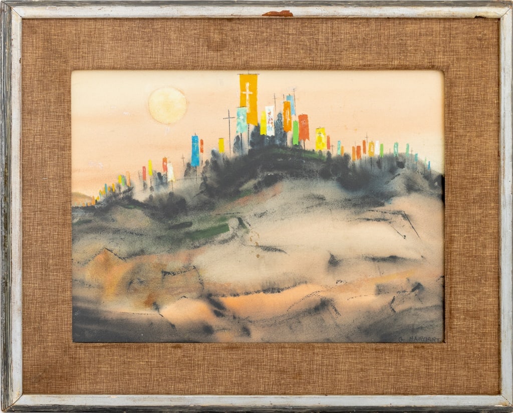 Gertrude Harbart "Pilgramage" Watercolor on Paper: Gertrude Felton Harbart (American, 1908-1999), "Pilgrimage", Watercolor and Gouache on Paper, signed lower right, label verso, silver-tone frame. Image: 16" H x 22.25" W; frame: 24.25" H X 30.25" W. P