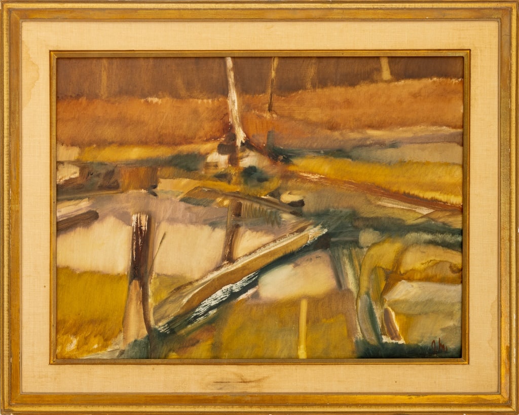 John Milton Metheany III Landscape Oil on Board: John Milton Metheany III (American, 1935-2020), Abstract Landscape Scene, Oil on Board, depicting a forest with fallen trees, signed lower right, giltwood frame. 23" H x 31.25" W; frame: 32" H x 40" W